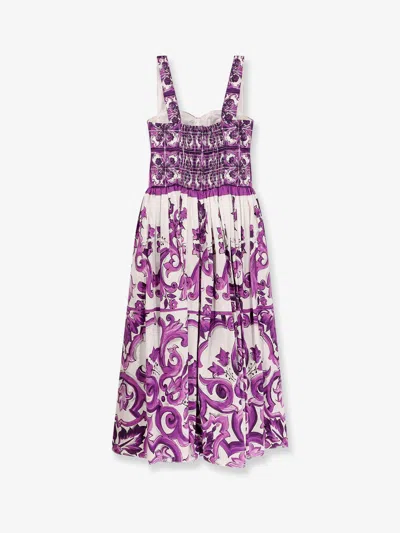 Dolce & Gabbana Women Cotton Midi Dress With Maiolica Print In Purple