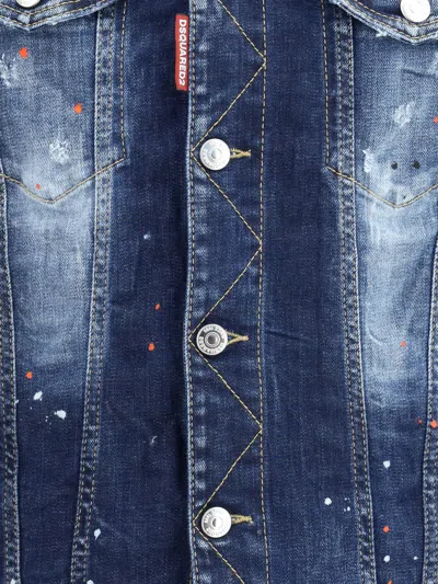 Dsquared2 Dan Blue Jacket With Classic Collar And All-over Painted Details In Denim Man