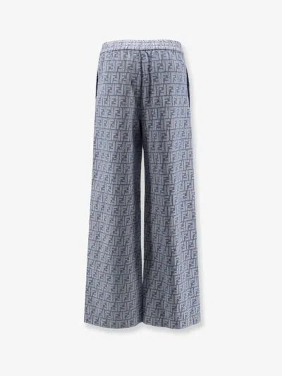 Fendi Women Cotton And Linen Trousers With All-over Ff Motif In Blue