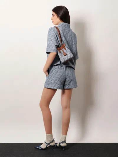 Fendi Embroidered Chambray Shorts With All-over Pattern In Blue