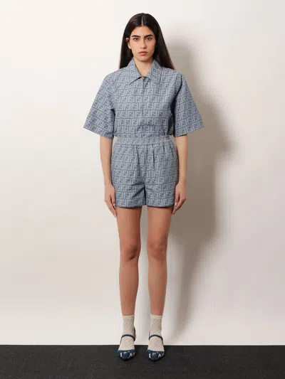 Fendi Embroidered Chambray Shorts With All-over Pattern In Blue