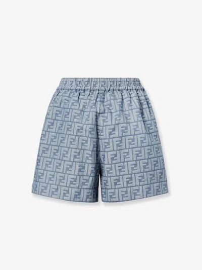 Fendi Embroidered Chambray Shorts With All-over Pattern In Blue