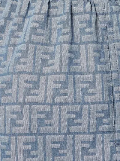 Fendi Embroidered Chambray Shorts With All-over Pattern In Blue