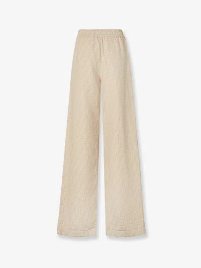 Fendi Women Ff Cotton And Linen Trousers In Neutral
