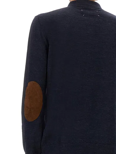 Maison Margiela Knitwear With Buttoned Collar And Elbow Patches In Blue