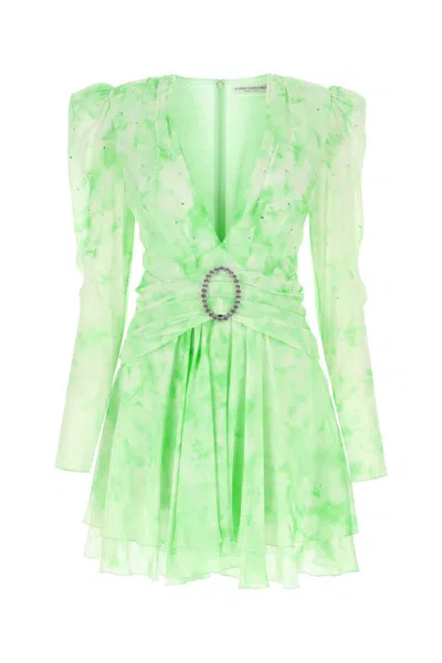 Alessandra Rich Gathered Crystal-embellished Printed Silk-georgette Mini Dress In Green