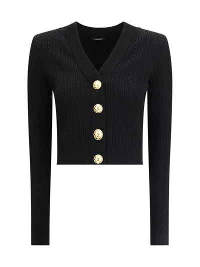 Balmain Structured Shoulder Black V-neck Cardigan With Decorative Buttons