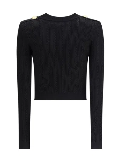 Balmain Structured Shoulder Black V-neck Cardigan With Decorative Buttons