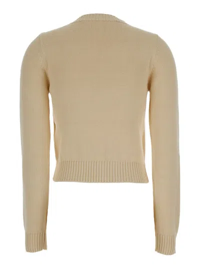 Palm Angels Cream White Crewneck Sweater With Embroidered Logo In Cotton Woman