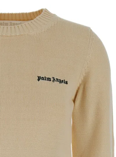 Palm Angels Cream White Crewneck Sweater With Embroidered Logo In Cotton Woman