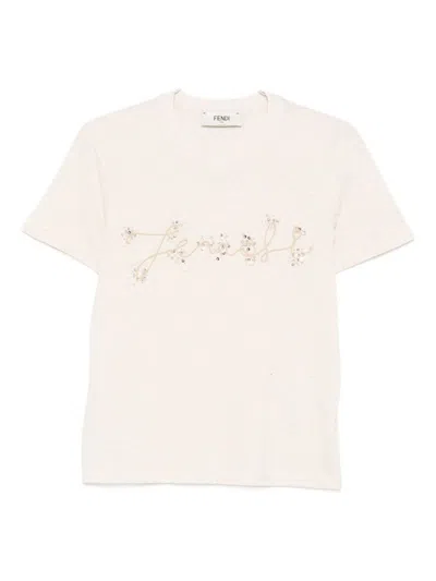 Fendi Sequin-embellished T-shirt In Neutral