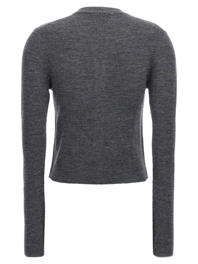 Ganni Grey Cropped Cardigan Wih V Neck And Checkmotif On The Front