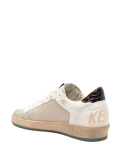 Golden Goose Ball Star Sneakers In Vintage Effect Leather With Olive Green Leather Star And Crocodile Effect Heel In Neutral