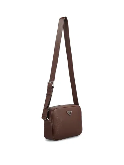 Prada Triangle Logo Leather Messenger Bag In Black