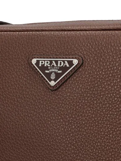 Prada Triangle Logo Leather Messenger Bag In Black