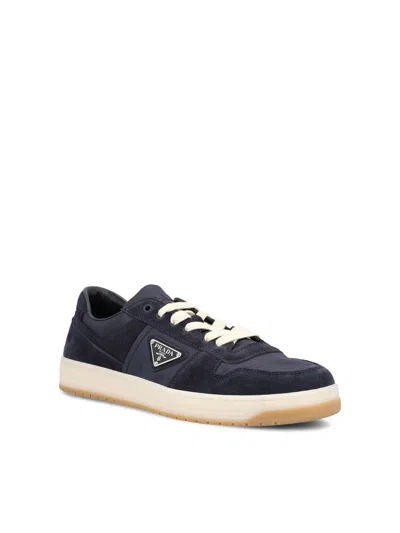 Prada Downtown Eyelets-detail Suede Sneakers In Blue