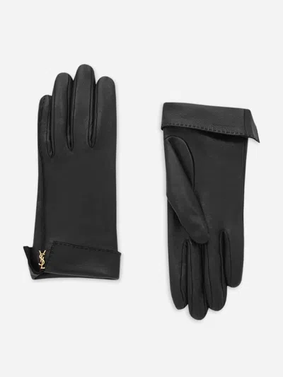 Saint Laurent Black Leather Cassandre Gloves