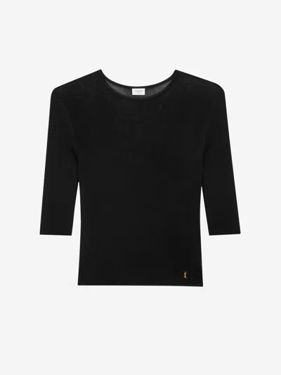 Saint Laurent Semi-sheer Crewneck Top With Cassandre In Black