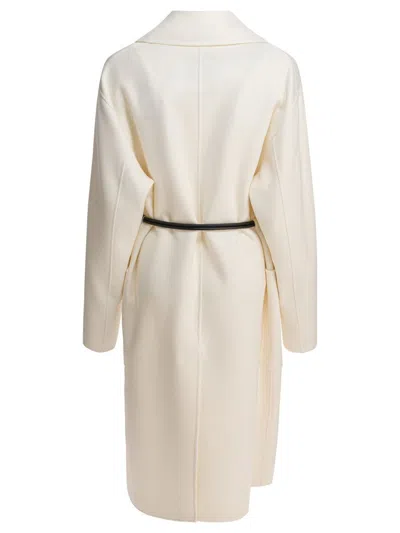 Sportmax Waist Belted Long Coat With Large Pockets In White