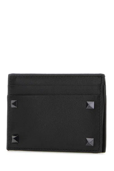 Valentino Garavani Men Black Leather Rockstud Card Holder