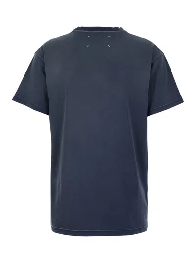 Maison Margiela Blue Crewneck T-shirt With Logo Lettering Print In Cotton Woman