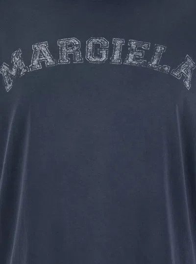 Maison Margiela Blue Crewneck T-shirt With Logo Lettering Print In Cotton Woman