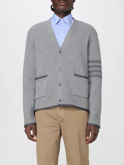 Thom Browne Grey Cardigan With V Neck And Striped Detail On The Sleeve In Wool Man In Gray