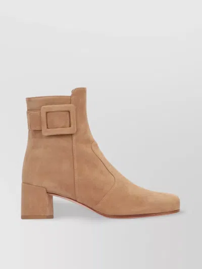 Roger Vivier Suede Buckle Block Heel Ankle Bootie