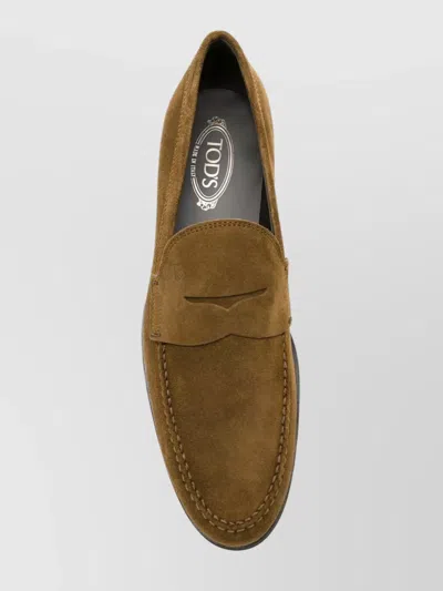Tod's Suede Penny Loafers With Pebbled Rubber Outsole Shoes In Brown