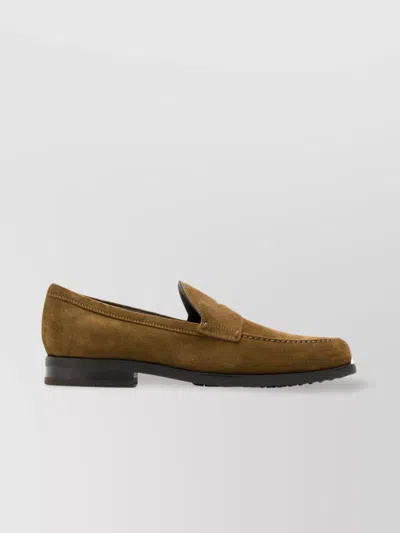 Tod's Suede Penny Loafers With Pebbled Rubber Outsole Shoes In Brown