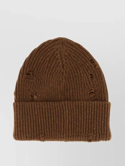 Mm6 Maison Margiela Wool Blend Beanie Hat With Distressed Effect In Brown