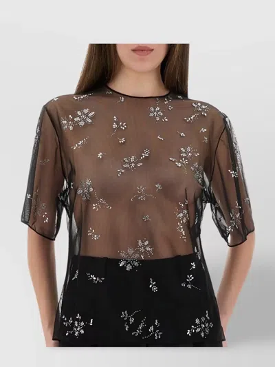 Rabanne Sheer Floral Embellished Short Sleeve Top