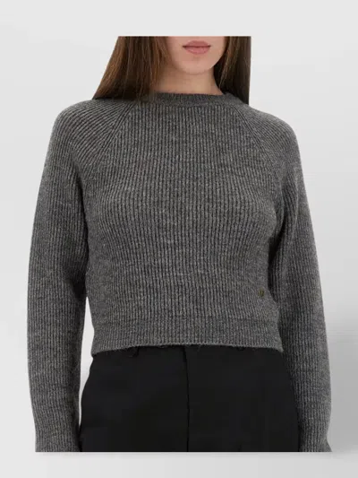 Moschino Ribbed Grey Cropped Sweater With Frayed Hem In Gray