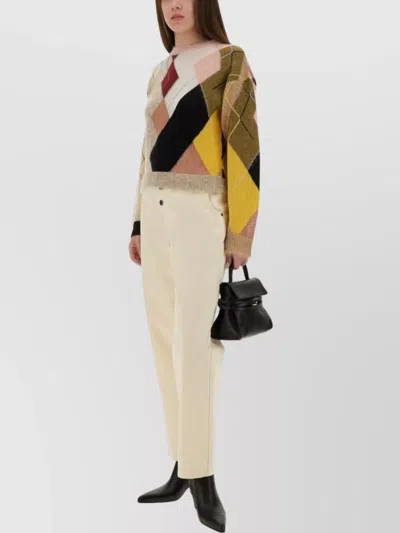 Moschino Ankle-length Cotton Gabardine Trousers With High Waist In Neutral