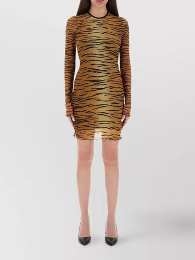 Moschino Tiger Print Sheer Overlay Fitted Dress In Brown