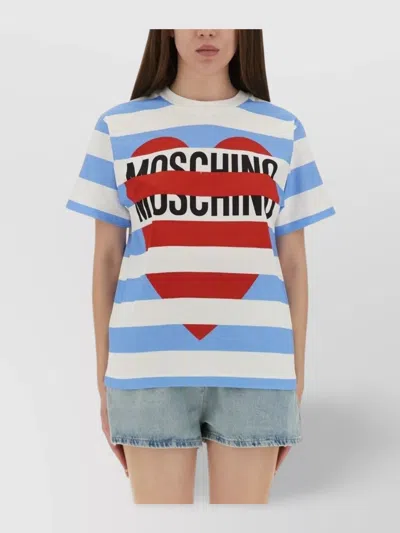 Moschino Striped Crew Neck Graphic Print Top In White