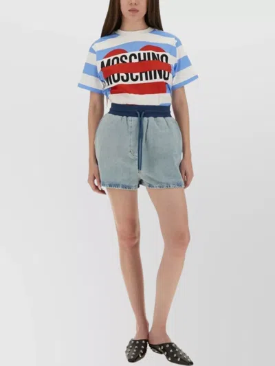 Moschino Striped Crew Neck Graphic Print Top In White