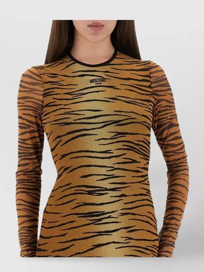 Moschino Tiger Print Sheer Overlay Fitted Dress In Brown