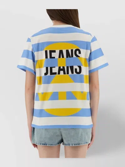 Moschino Striped Crew Neck Graphic Print Top In White