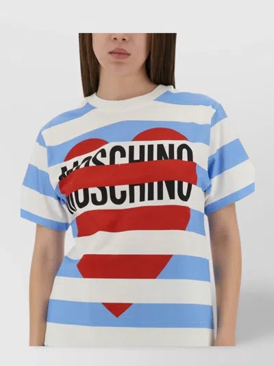 Moschino Striped Crew Neck Graphic Print Top In White