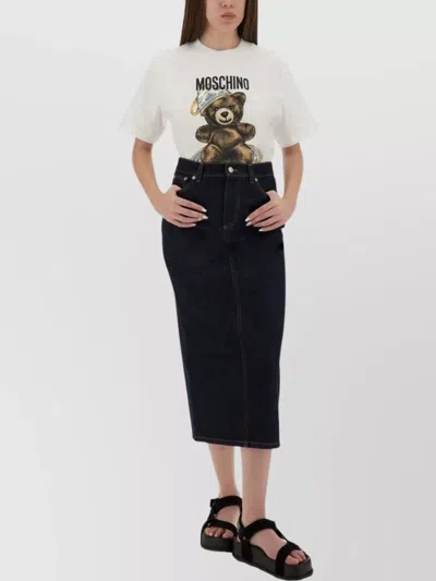 Moschino Short Sleeve Crew Neck Graphic Print Top In White