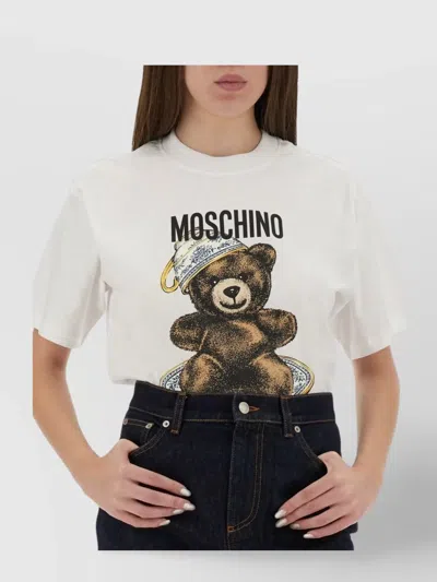 Moschino Short Sleeve Crew Neck Graphic Print Top In White