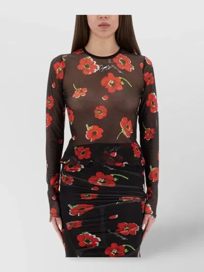 Moschino Floral Print Crew Neck Sheer Fabric Top In Black