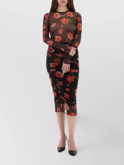Moschino Scalloped Hem Floral Mesh Midi Skirt In Black