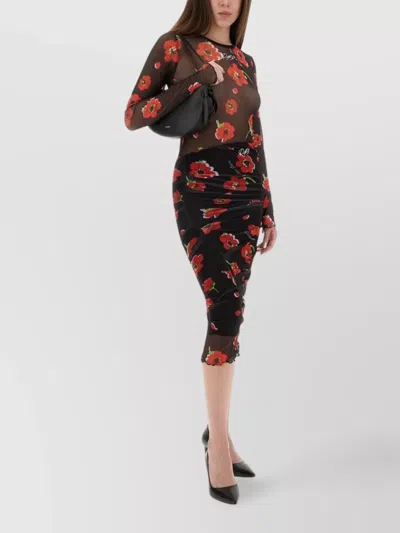 Moschino Floral Print Crew Neck Sheer Fabric Top In Black