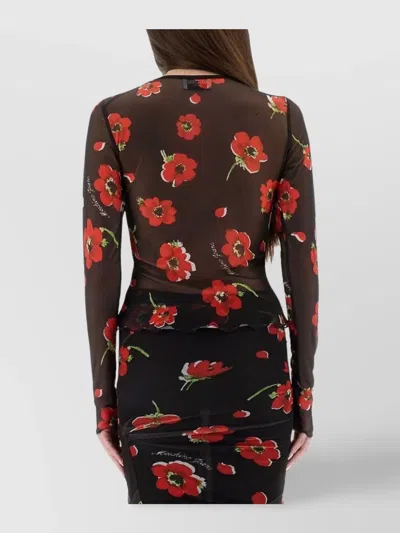 Moschino Floral Print Crew Neck Sheer Fabric Top In Black