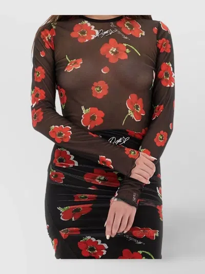 Moschino Floral Print Crew Neck Sheer Fabric Top In Black