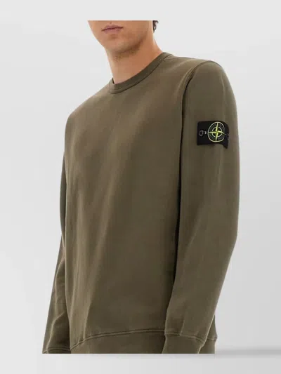 Stone Island Crew Neck Sweater Ribbed Cuffs In Green