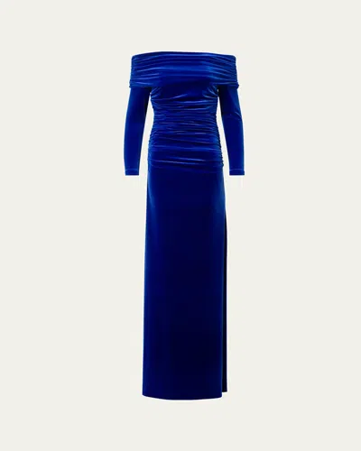 Akris Velvet Off-the-shoulder Draped Gown In Blue