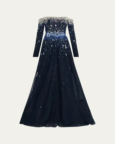 Pamella Roland Embroidered Tulle Off-the-shoulder Long-sleeve Gown In Blue